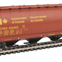 59' Cylindrical Hopper, Trough Hatches - Ready to Run -- Canadian Wheat Board CPWX #605665 (brown, yellow; Double Wheat Sheaf)