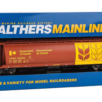 59' Cylindrical Hopper, Trough Hatches - Ready to Run -- Canadian Wheat Board CPWX #605665 (brown, yellow; Double Wheat Sheaf)