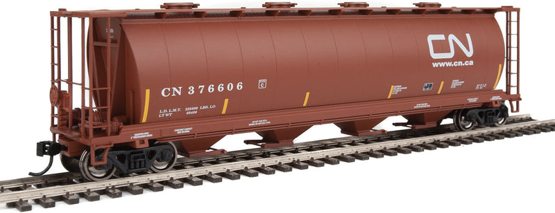 59' Cylindrical Hopper - Ready to Run -- Canadian National #376606 (brown, white; Yellow Conspicuity Marks, Website)-1