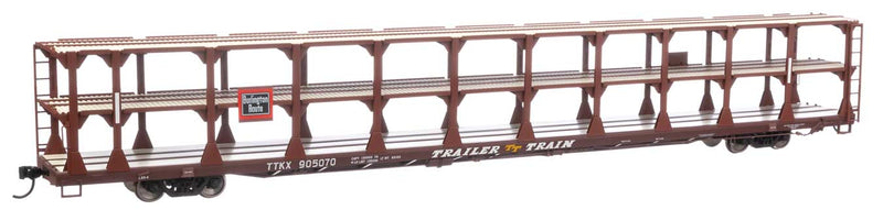 89' Flatcar w/Tri-Level Open Auto Rack - Ready to Run -- Chicago, Burlington & Quincy / Trailer-Train TTKX #905070 (brown)-1