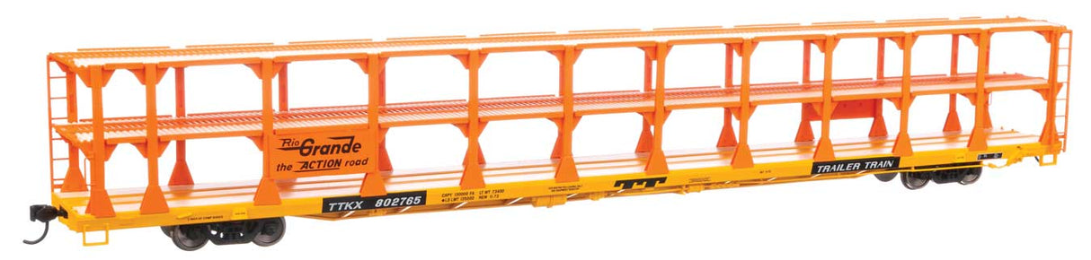 89' Flatcar w/Tri-Level Open Auto Rack - Ready to Run -- Denver & Rio Grande Western(TM) Rack Trailer-Train Flatcar TTKX #802765-1