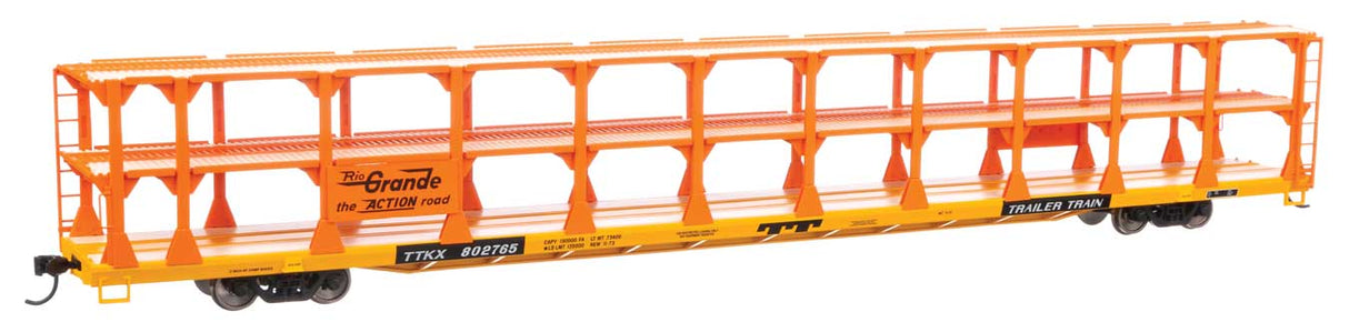 89' Flatcar w/Tri-Level Open Auto Rack - Ready to Run -- Denver & Rio Grande Western(TM) Rack Trailer-Train Flatcar TTKX #802765-2