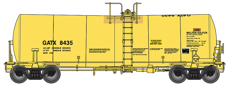 40' Trinity 14,000 Gallon Molten Sulfur Tank Car - Ready to Run -- General American GATX #8435 (yellow, Sulfur Service)-1