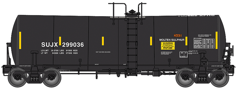 40' Trinity 14,000 Gallon Molten Sulfur Tank Car - Ready to Run -- Sulcom, Inc. SUJX #299036 (black, yellow Conspicuity Marks; Sulfur Service)-1