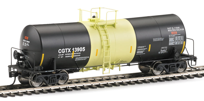 40' Trinity 14,000-Gallon Molten Sulfur Tank Car - Ready to Run -- CGTX #13905 (black, yellow band; Conspicuity Markings)-1