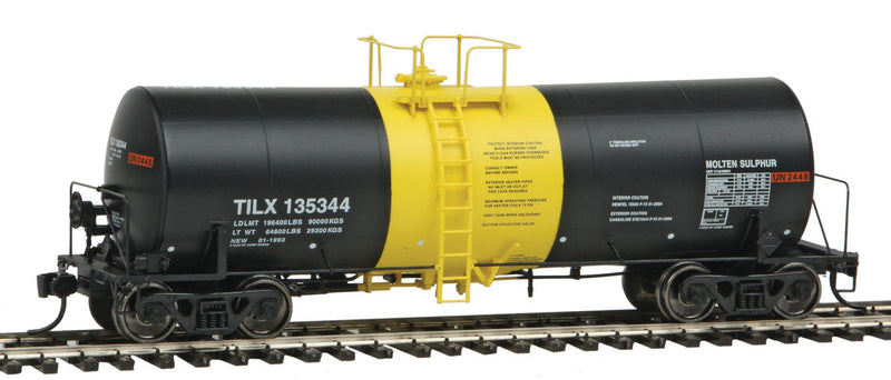 40' Trinity 14,000-Gallon Molten Sulfur Tank Car - Ready to Run -- Trinity Industries Leasing TILX #135344 (black, yellow band)