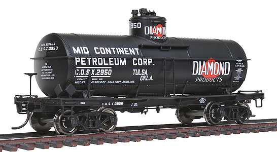 Type 21 ACF 8,000-Gallon Tank Car - Ready to Run -- Mid-Continent Petroleum Co COSX #2950 (black, white, red, Diamond Logo)