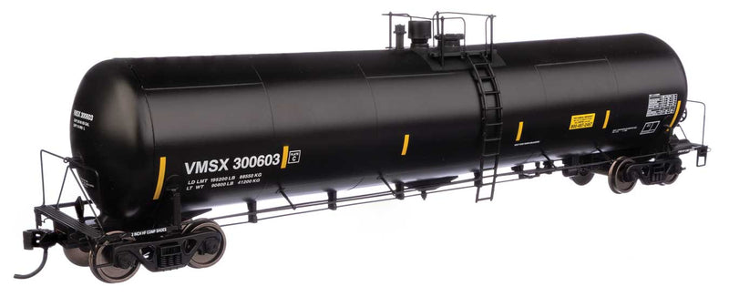 55' Trinity 30,145-Gallon Tank Car - Ready to Run -- Valero Marketing & Supply VMSX #300603 (black, white, yellow marks)-1