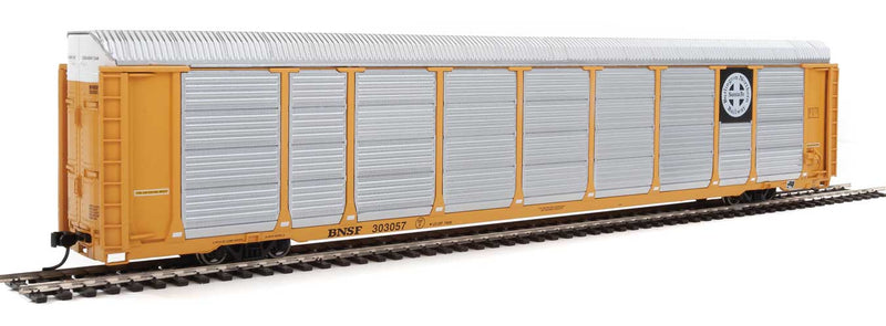89' Thrall Enclosed Tri-Level Auto Carrier - Ready to Run -- Burlington Northern Santa Fe Rack and Flat #303057 (yellow, Circle-Cross Log-1