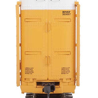 89' Thrall Enclosed Tri-Level Auto Carrier - Ready to Run -- Burlington Northern Santa Fe Rack and Flat #303057 (yellow, Circle-Cross Log