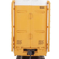 89' Thrall Enclosed Tri-Level Auto Carrier - Ready to Run -- Burlington Northern Santa Fe Rack and Flat #303061 (yellow, Circle-Cross Log