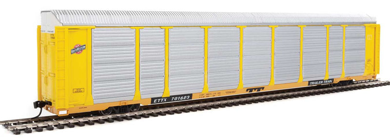 89' Thrall Enclosed Tri-Level Auto Carrier - Ready to Run -- Chicago & North Western(TM) ETTX Flat #701623 (yellow, silver)-1