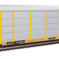 89' Thrall Enclosed Tri-Level Auto Carrier - Ready to Run -- Chicago & North Western(TM) ETTX Flat #701623 (yellow, silver)