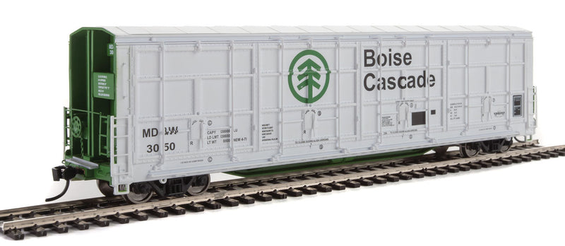 56' Thrall All-Door Boxcar - Ready to Run -- Boise Cascade - Minnesota, Dakota & Western #3050 (white, green, black)-1