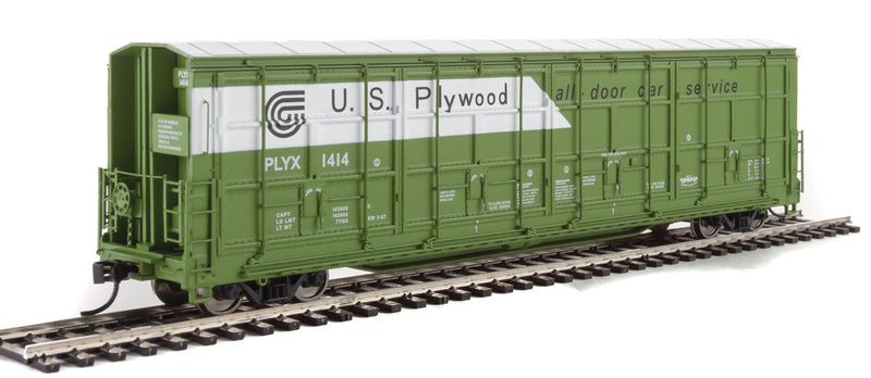 56' Thrall All-Door Boxcar - Ready to Run -- US Plywood #1414 (green, white)-1