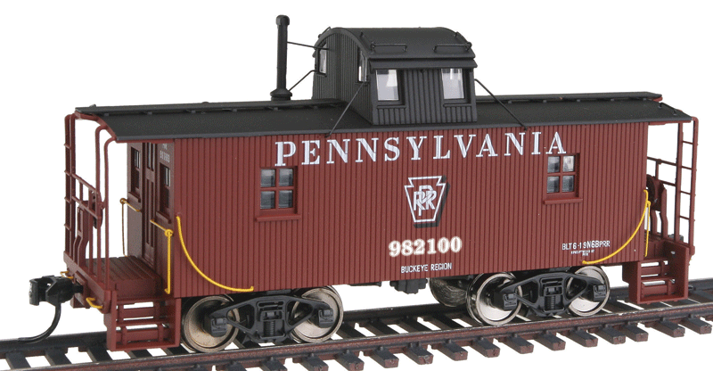 PRR N6B Wood Cabin Car (Caboose) w/Centered Cupola - Ready to Run -- Pennsylvania #982100 (Tuscan, black w/Keystone in middle)-1