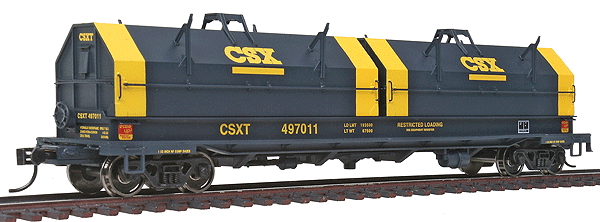 50' Evans Cushion Coil Car - Ready to Run -- CSX Transportation #497011 (blue, yellow; Angled Hoods, Yellow Ends)