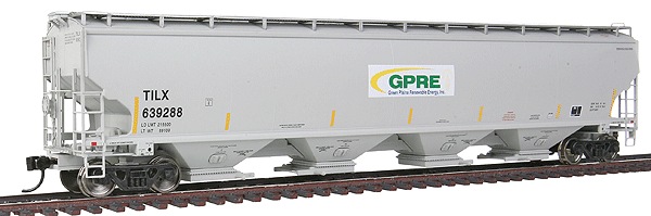 67' Trinity 6351 4-Bay Covered Hopper - Ready to Run -- Green Plains Renewable Energy TILX #639288 (gray, green, yellow Conspicuity)
