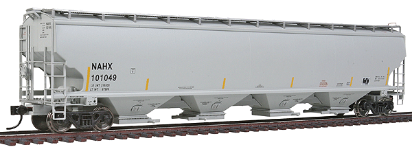 67' Trinity 6351 4-Bay Covered Hopper - Ready to Run -- GE Rail Services NAHX #101049 (gray, yellow Conspicuity Markings, No Logo)