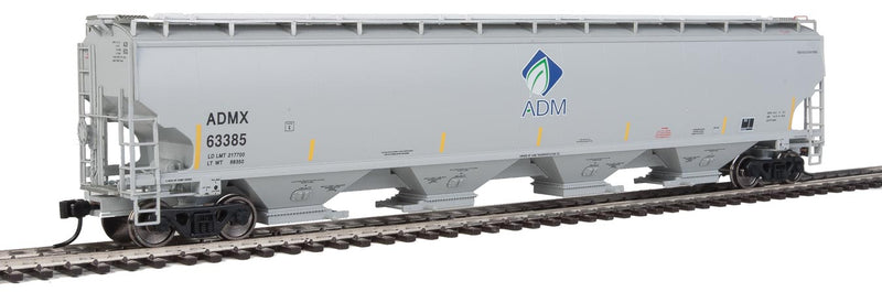 67' Trinity 6351 4-Bay Covered Hopper - Ready to Run -- Archer-Daniels-Midland #63385 (gray, Leaf Logo, Yellow Conspicuity Stripes)-1