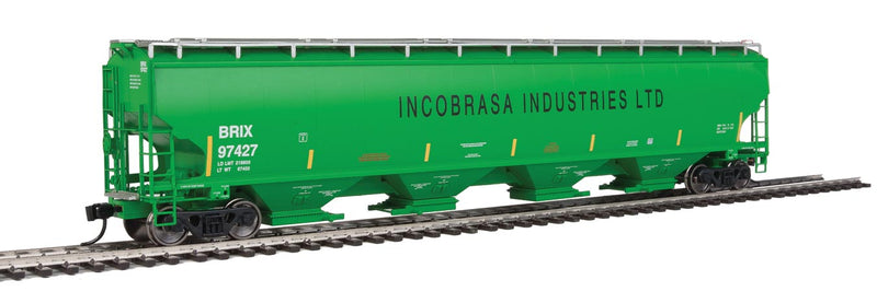67' Trinity 6351 4-Bay Covered Hopper - Ready to Run -- Incobrasa Industries Limited BRIX #97427 (green, yellow conspicuity stripes)-1