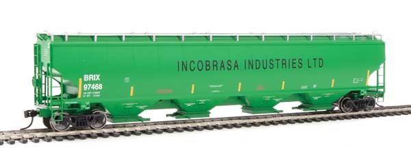 67' Trinity 6351 4-Bay Covered Hopper - Ready to Run -- Incobrasa Industries Limited BRIX #97468 (green, yellow conspicuity stripes)-1