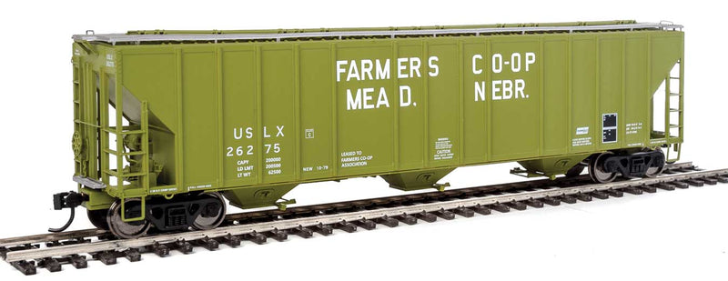 55' Evans 4780 Cubic Foot 3-Bay Covered Hopper - Ready To Run -- Farmers Co-op Association USLX #26275 (Mead, Nebraska; green, white)-1