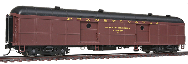 Pennsylvania Class B60b Baggage Car w/Porthole Window Doors - Ready to Run -- Pennsylvania Railroad (10/52-2/54 Scheme, Tuscan, black, Messenger Car Star)