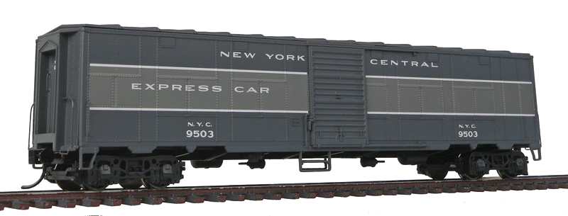 50' NYC-Style Express Boxcar (Converted Troop Sleeper) - Ready To Run -- New York Central #9503 (2-Tone Gray, white Stripes, Wide Band)
