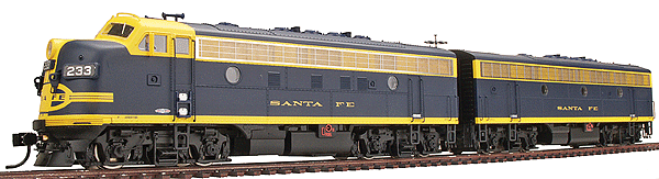 PROTO 2000 Diesel EMD F7A-B Set Powered w/Sound & DCC -- Santa Fe A #233L w/Radio Antenna & B Unit #233A (blue, yellow)