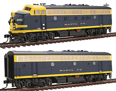 PROTO 2000 Diesel EMD F7A-B Set Powered w/Sound & DCC -- Santa Fe A #251L w/Radio Antenna, B Unit #251A (blue, yellow)