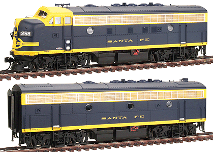 PROTO 2000 Diesel EMD F7A-B Set Powered - Standard DC -- Santa Fe A #258L (No Radio Antenna), B #258A (blue, yellow)