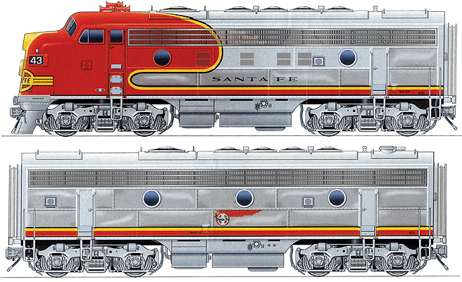 EMD F7A-B Set 48" Dynamic Fan - Tsunami(R) Sound & DCC - San Francisco Chie -- Santa Fe #43C, 43B (Warbonnet; red, silver)-1