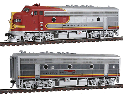 PROTO 2000 Diesel EMD F3A-B Set Powered w/Sound & DCC -- Santa Fe 16 Class #34L & 34A Passenger Warbonnet w/Plated Metal Finish