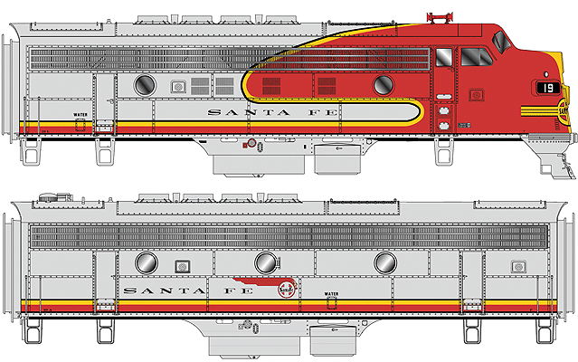EMD F3A-B Set Modernized 16 Class - Tsunami(R) Sound & DCC -- Santa Fe #16C, 16B (Warbonnet; silver, red; Long Bonnet Version)-1