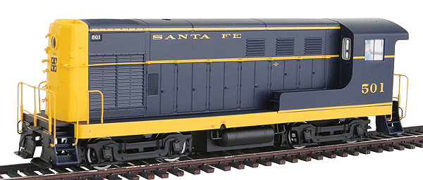 PROTO 2000 Fairbanks-Morse H10-44 Powered Standard DC -- Atchison, Topeka & Santa Fe #501 (blue, yellow w/printed safety posters)