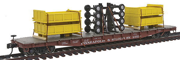 PROTO 2000 AAR 53 Ft 6 In Flatcar w/Load - Ready to Run -- Minneapolis & St. Louis #23510 w/Wagon Boxes & Frames