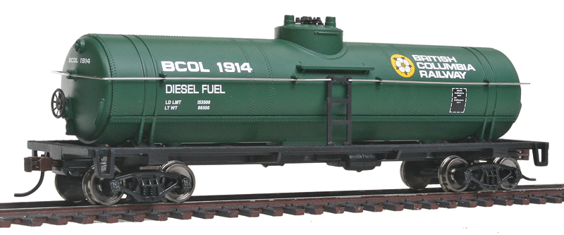 Tank Car - Ready To Run -- British Columbia Railway (green, yellow, white; Dogwood Logo)-1