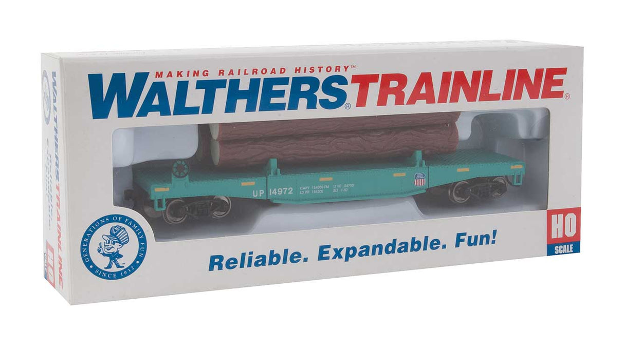 Log Dump Car with 3 Logs - Ready to Run -- Union Pacific 14972 (MOW Scheme; green, yellow Conspicuity Marks)-5