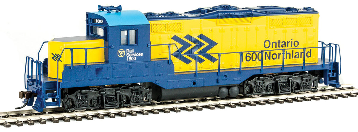 EMD GP9M - Standard DC -- Ontario Northland #1600 (yellow, blue; Chevrons Logo)-1