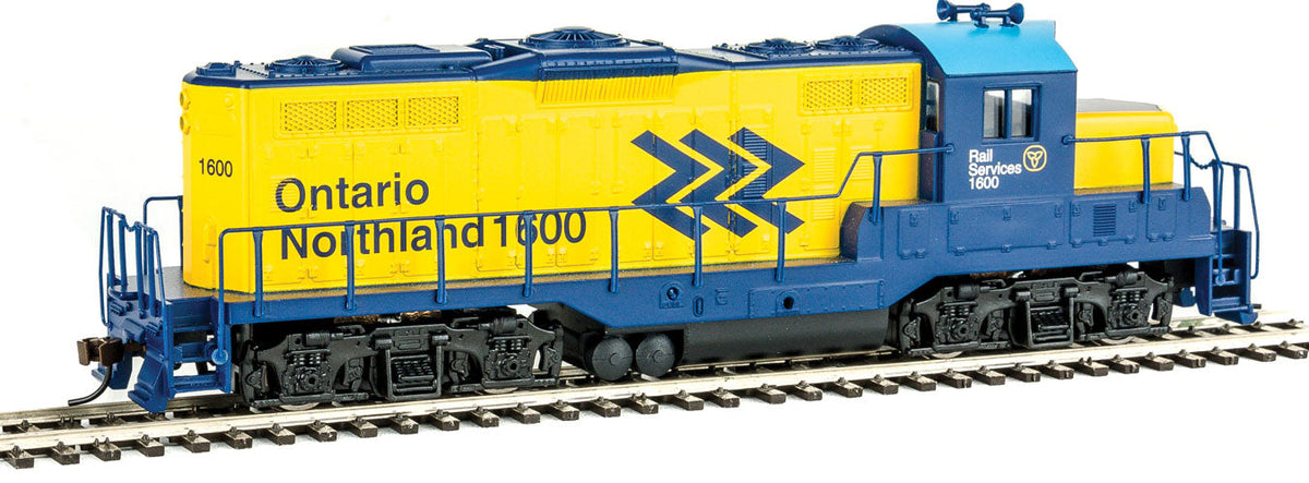 EMD GP9M - Standard DC -- Ontario Northland #1600 (yellow, blue; Chevrons Logo)-2