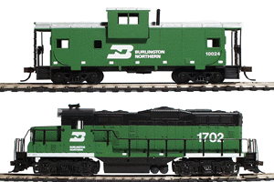 Locomotive & Caboose Pack (Both Ready to Run) -- Burlington Northern (green, white) Loco #1702; Caboose #10024