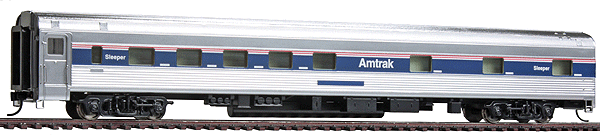 85' Budd Pacific Series 10-6 Sleeper - Ready to Run - Plated Metal Finish -- Amtrak(R) (Phase IV; blue, red, White Window Band)