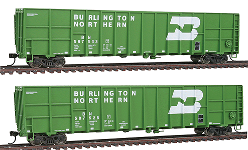 61' Gunderson Wood Chip Gondola 2-Pack - Ready to Run -- Burlington Northern #587528, #587533 (Cascade Green, white, Large Logo)