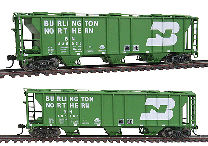 PS-2 2893 Cubic Foot 3-Bay Covered Hopper 2-Pack - Ready to Run -- Burlington Northern #435035, 435106 (Cascade Green, Large Logo)