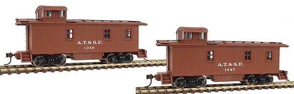 Gold Line(TM) ATSF 1300-Series Wood Caboose (Waycar) Assembled Ltd-Run 2-Pack -- A.T.& S.F. Lettering; Pre-1938