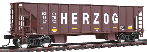 Gold Line(TM) 41' Ballast Hopper 3-Pack Ready to Run -- Herzog #6671, 6693, 6675 (Boxcar Red, yellow Conspicuity Markings)