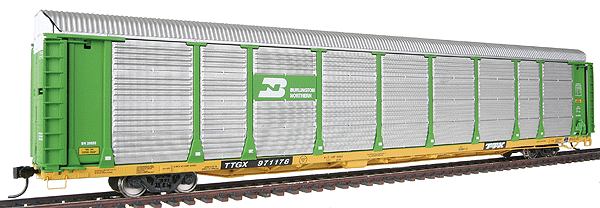 Gold Line(TM) Bi-Level Auto Carrier Assembled -- Burlington Northern Rack #20892/Flat TTGX #971176 (green rack, yellow flat)