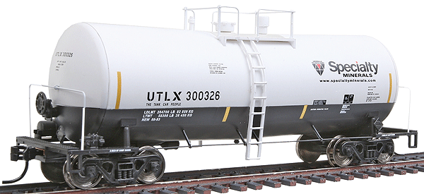 Gold Line(TM) 16,000-Gallon Funnel-Flow Tank Car - Ready to Run -- Specialty Minerals UTLX #300326 (white, black)