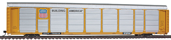 89' Thrall Tri-Level Enclosed Auto Carrier - Ready to Run - Platinum Line(TM) -- Union Pacific(R) Rack #2763, Flat ETTX #702018 (yellow, Building America)